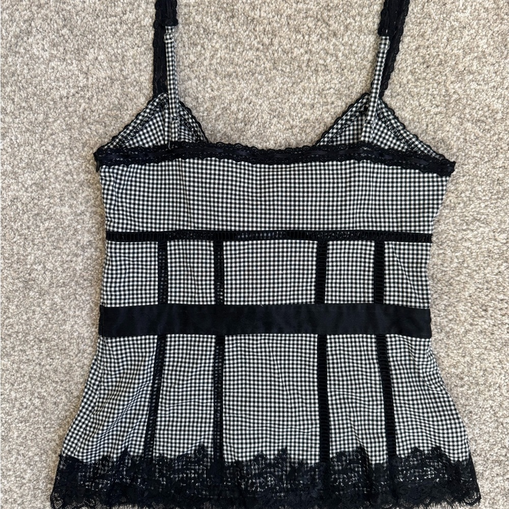 Y2K VINTAGE BEBE Gingham Lace Trim Top Coquette XS - Picture 2 of 12